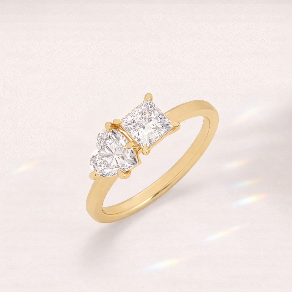 Yellow Gold Heart And Princess Toi Et Moi Ring With Claw Prong Setting.
