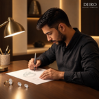 Diiro Luxury Jewelry custom diamond ring design process featuring jewelry artist sketching engagement rings, diamond gemstones, CAD designs, and handcrafted luxury jewelry
