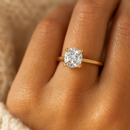 Cushion Cut Moissanite Engagement Ring With Gold Band, Elegant Diamond Alternative Ring Perfect For Brides.