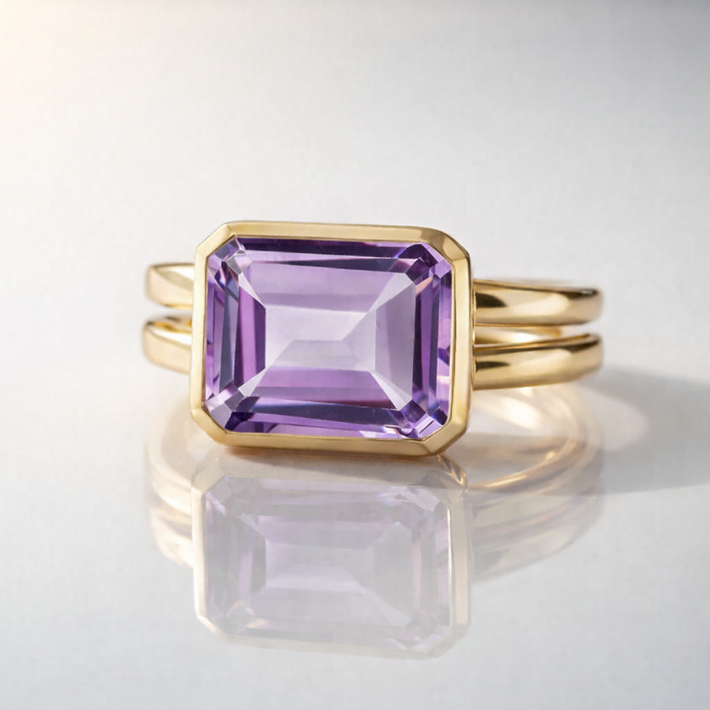Emerald Cut Amethyst Bezel Set Ring
