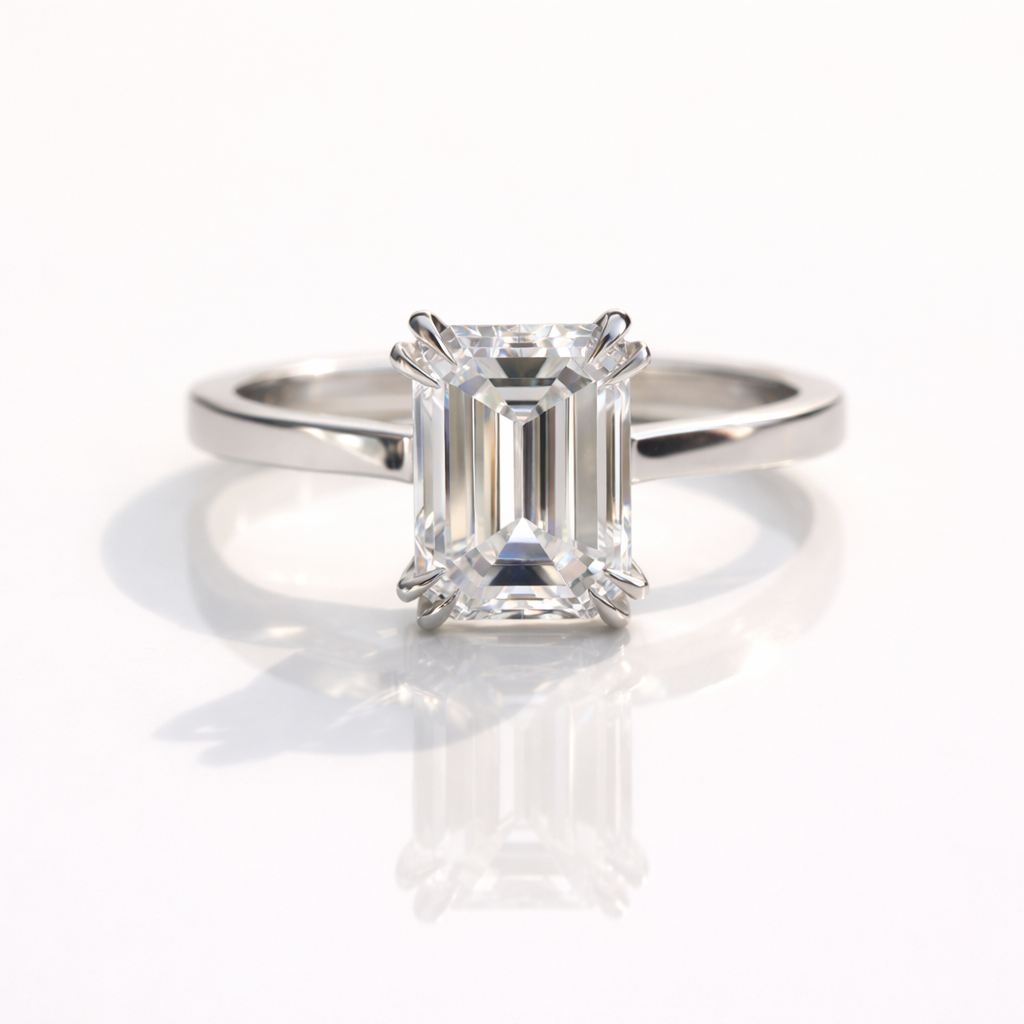 3 Carat Emerald Cut Diamond Ring With Double Claw Prongs In White Gold
