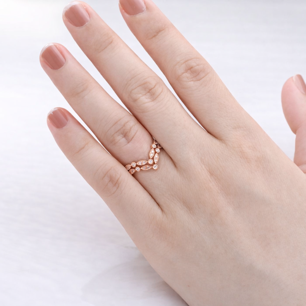 Vintage Wedding Band With Marquise Cut Outline And Milgrain
