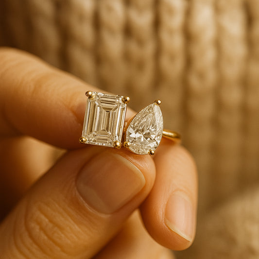 Double Stone Engagement Ring With Pear And Emerald Cut Moissanite, Elegant Bridal Jewelry Gift With Diamond-Like Sparkle