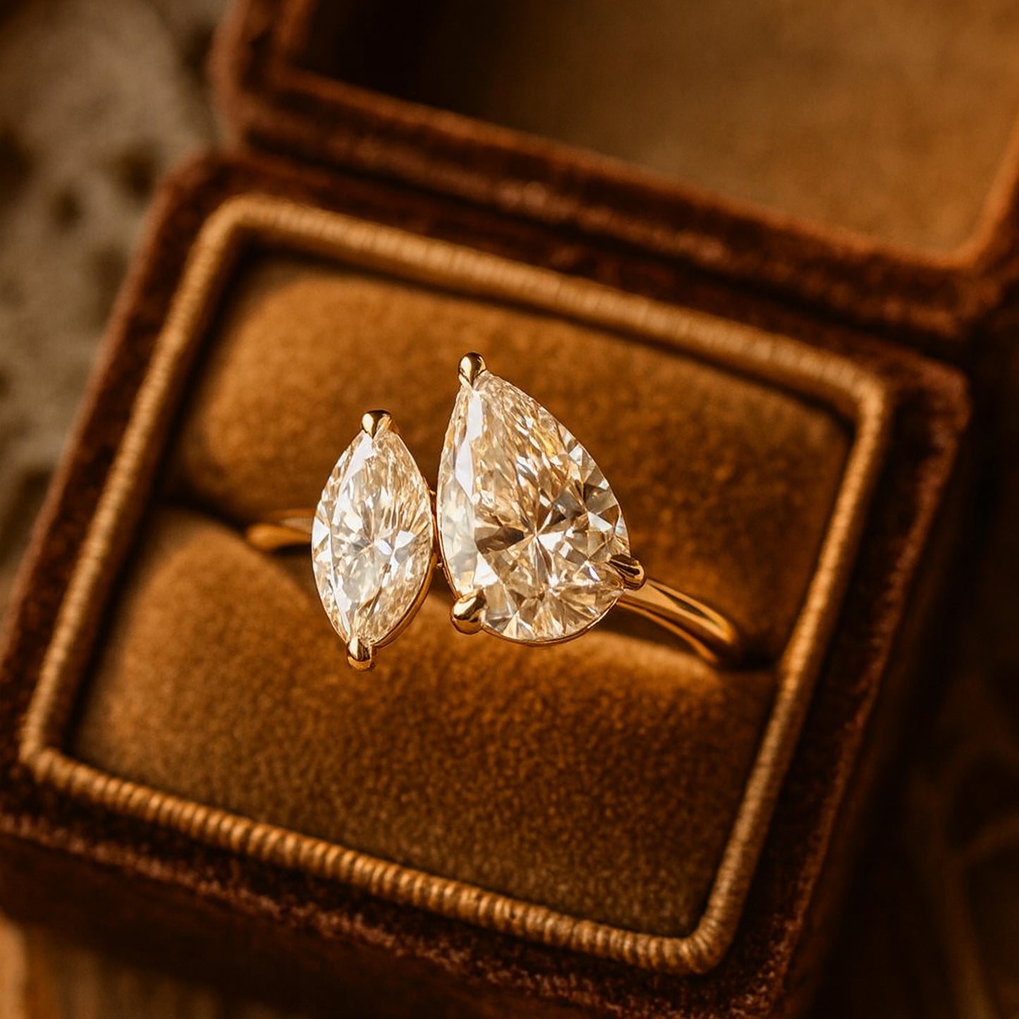 Luxury Toi Et Moi Pear And Marquise Moissanite Ring, Sparkling Two Stone Engagement Jewelry Piece