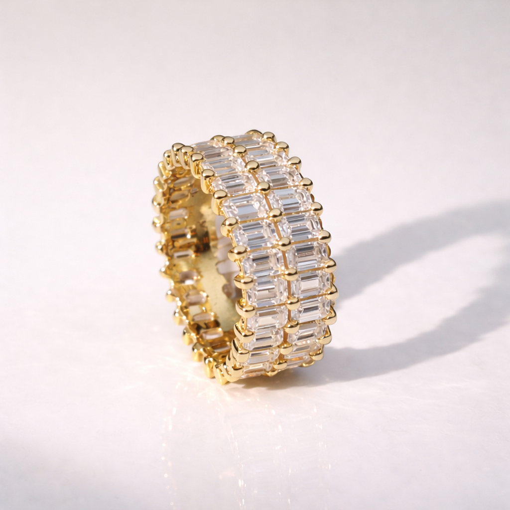 Double Wedding Band With Emerald Cut Diamond Eternity Design
