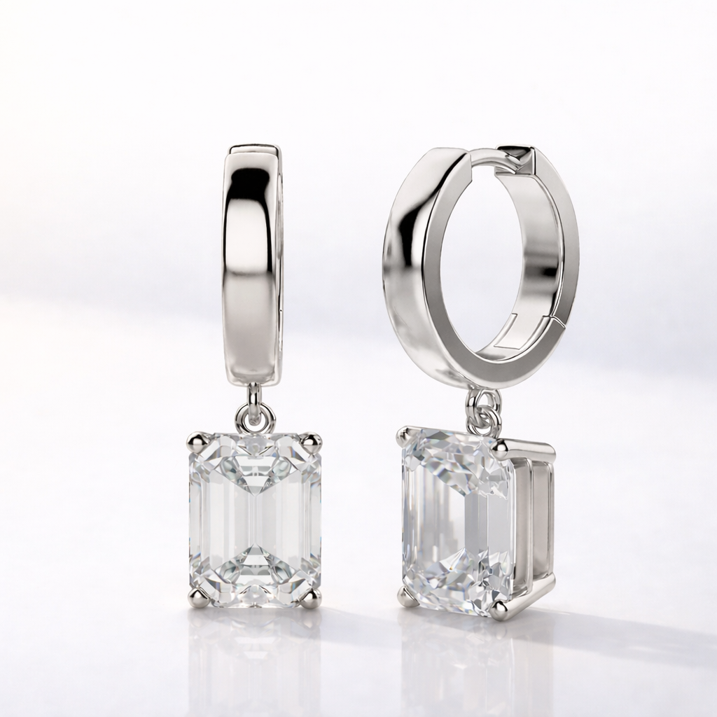 Emerald Cut Diamond Drop Earrings In Yellow Gold 4 Prong Setting

