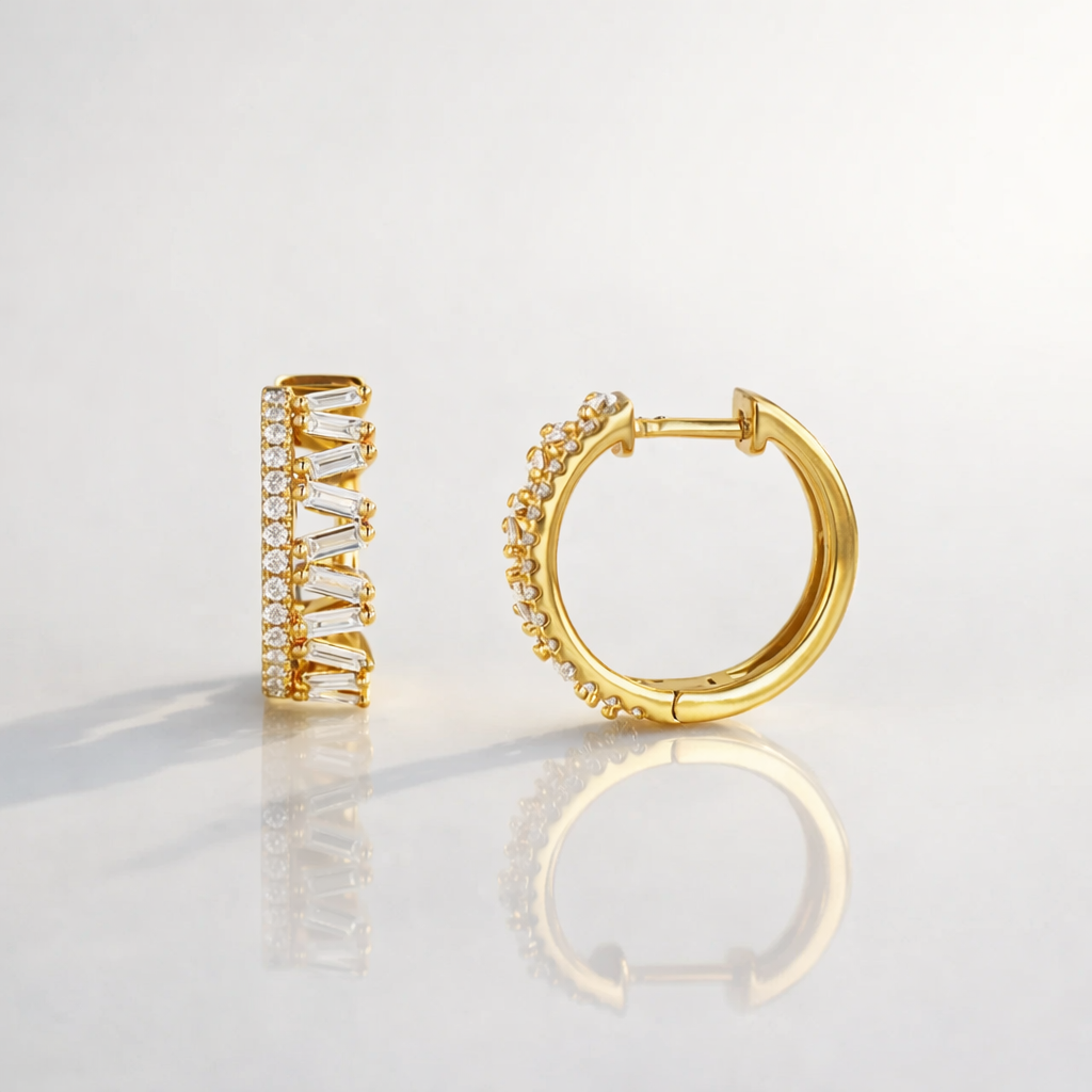 Diamond Hoop Earrings With Baguette Cut And Round Stones
