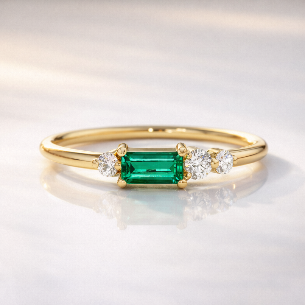 East West Emerald And Diamond Ring
