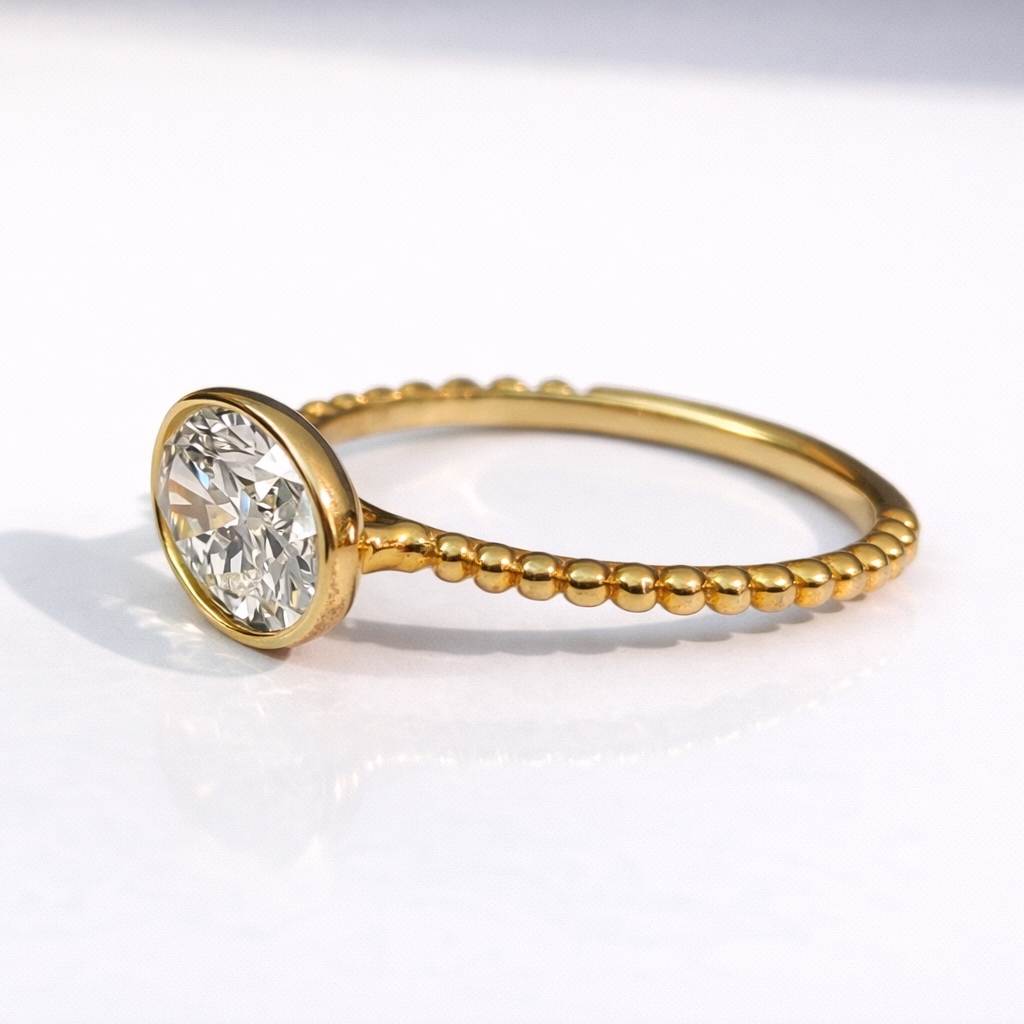 Oval Diamond Ring Milgrain Engagement Ring East West Bezel Setting.
