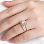 East west oval cut colorless ring stone with a wide horizontal shape and bright faceted sparkle