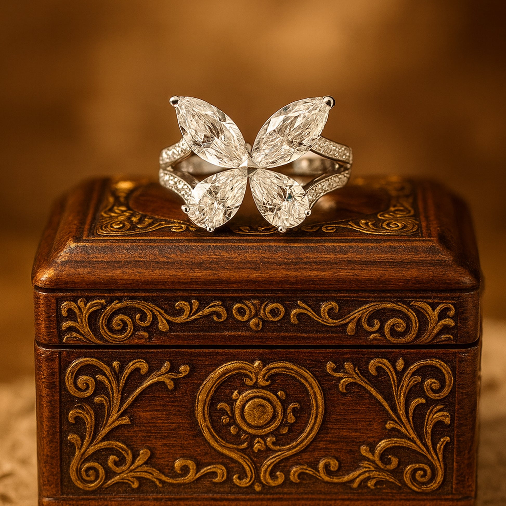 Dazzling White Gold Moissanite Ring With Four Marquise Cuts Forming A Floral Diamond-Inspired Design For Modern Women