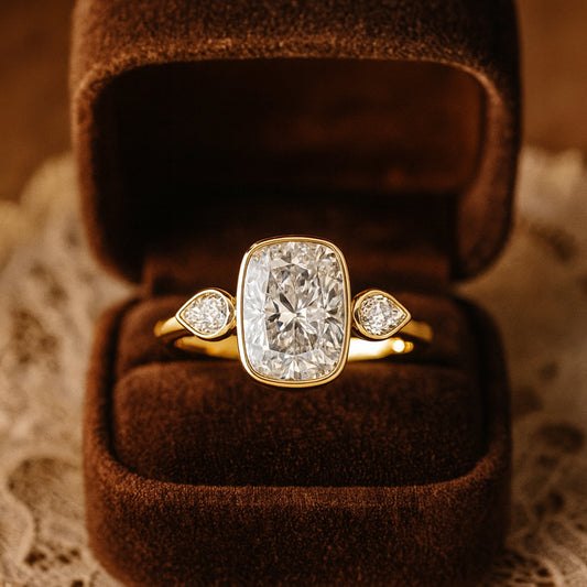Cushion Cut Moissanite Three Stone Ring In Yellow Gold – Elegant Engagement Ring