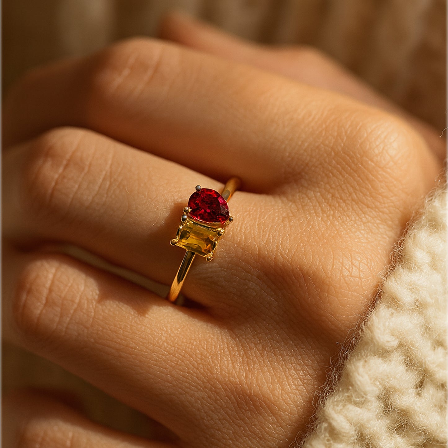 Two-Stone Ruby And Citrine Ring In 18K Yellow Gold On Lace, Elegant Luxury Fine Jewelry By Diiro