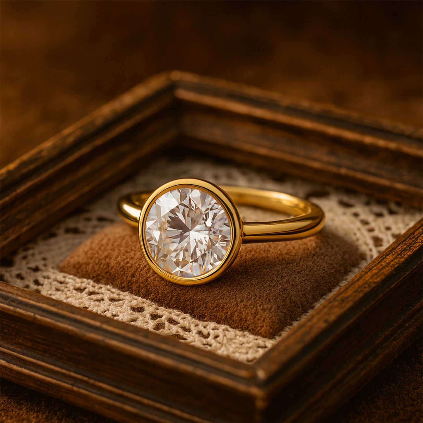 Round Diamond Bezel Solitaire Ring on Hand – Elegant Minimalist Bridal Jewelry for Women
