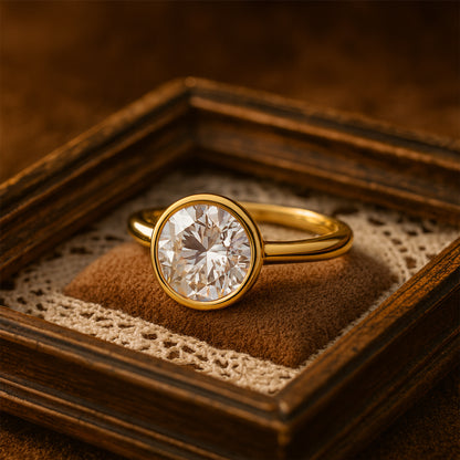 Round Diamond Bezel Solitaire Ring on Hand – Elegant Minimalist Bridal Jewelry for Women
