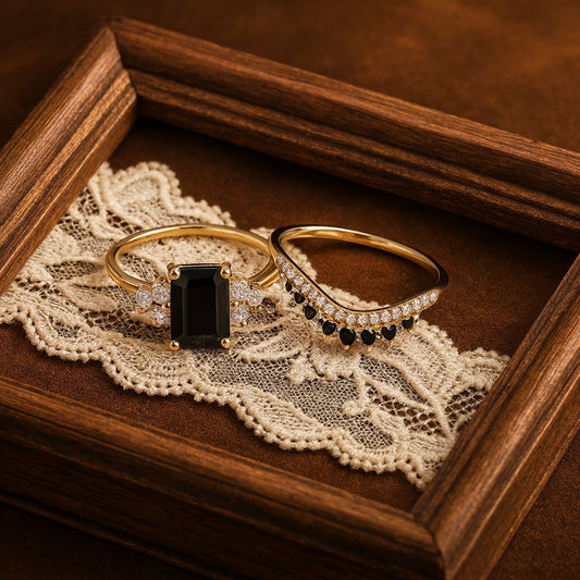 Black Moissanite And Diamond Gold Ring Set – Elegant October Birthstone Jewelry