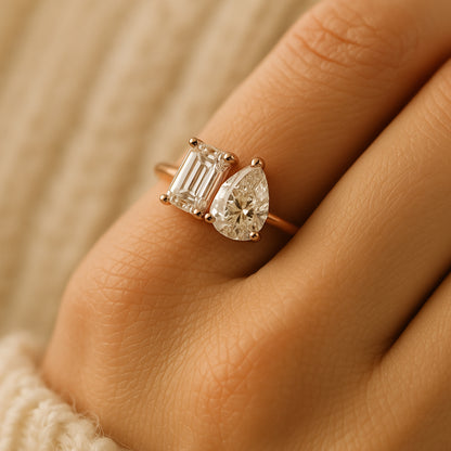 Elegant Toi Et Moi Emerald Cut And Pear Shape Moissanite Engagement Ring Symbolizing Two Souls United In Modern Romance.