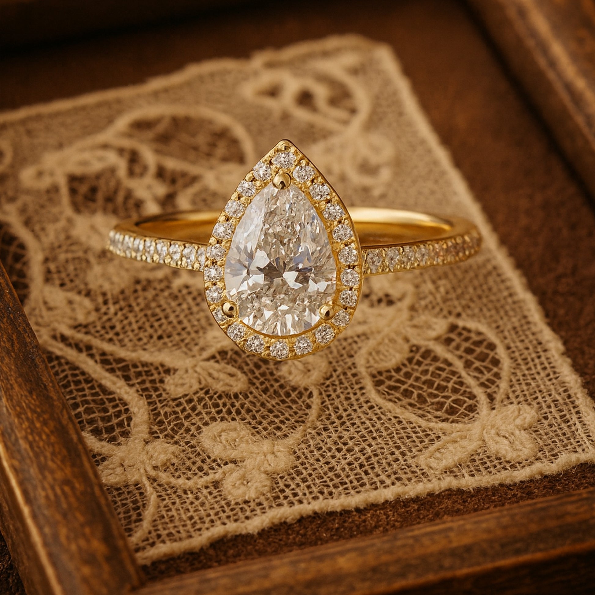 Pear Cut Moissanite Halo And Pave Style Engagement Ring In 18K Yellow Gold With Diamond-Like Sparkle