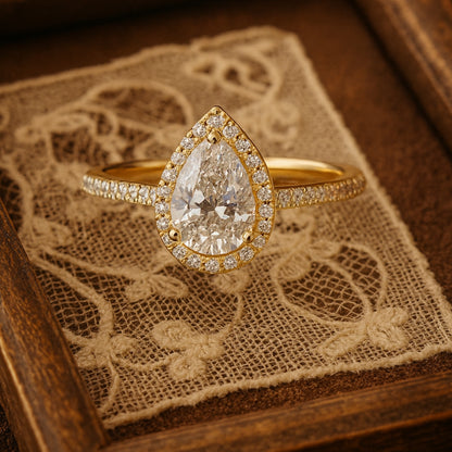 Pear Cut Moissanite Halo And Pave Style Engagement Ring In 18K Yellow Gold With Diamond-Like Sparkle