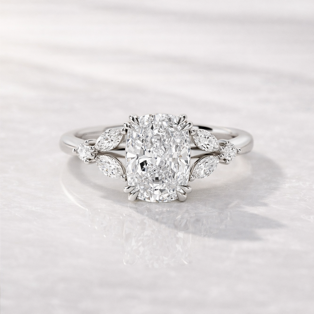 7 Stone Engagement Ring With Marquise And Round Cut Side Stones
