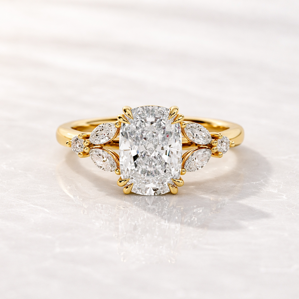 White Gold Engagement Ring With Nature Inspired Side Stone Design
