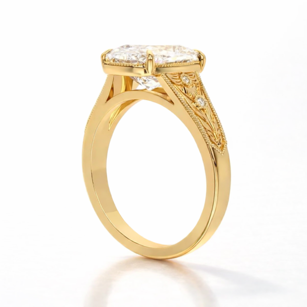 Yellow Gold Ring Round Cut Side Stone Diiro Engagement Ring Custom.
