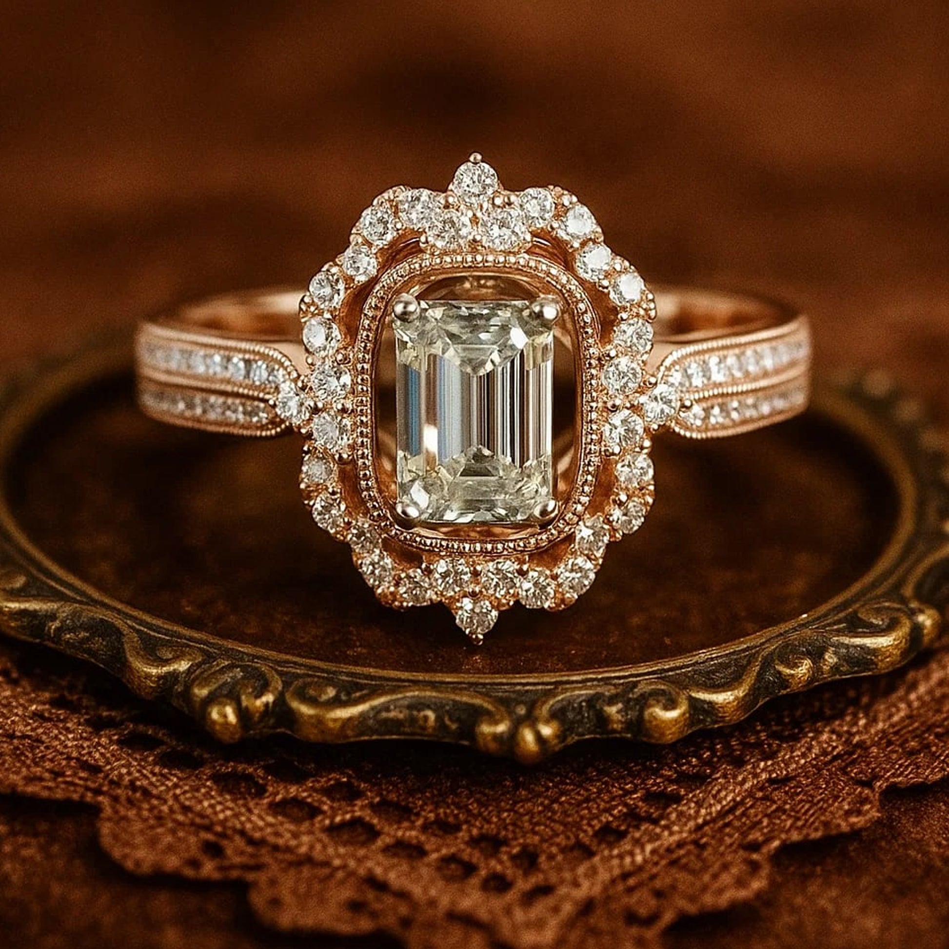 Elegant Emerald Cut Double Halo Diamond Engagement Ring In 14K Rose Gold With Center Radiant Stone.