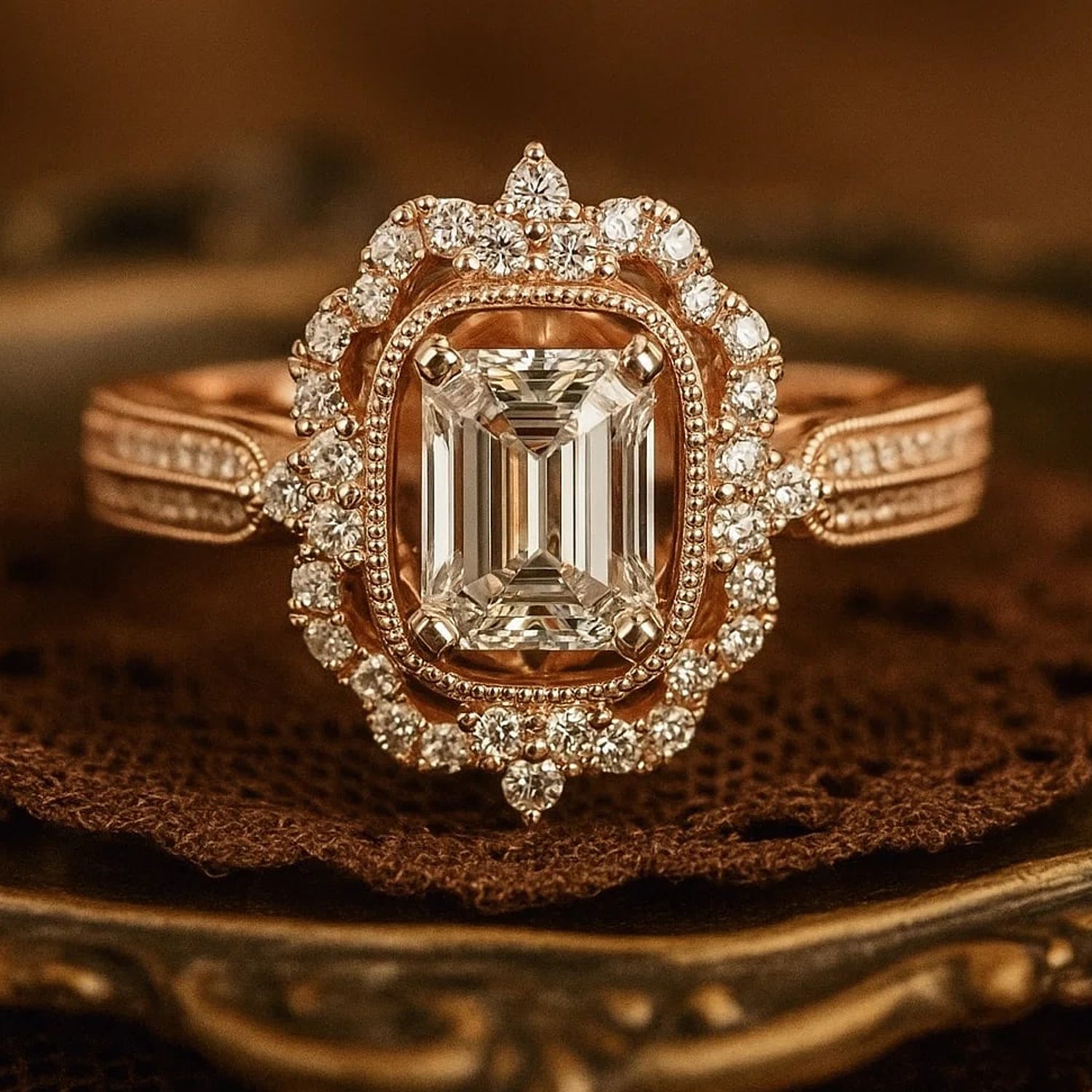 Luxury Emerald Cut Double Halo Diamond Engagement Ring In 14K Rose Gold Crafted For Timeless Beauty.