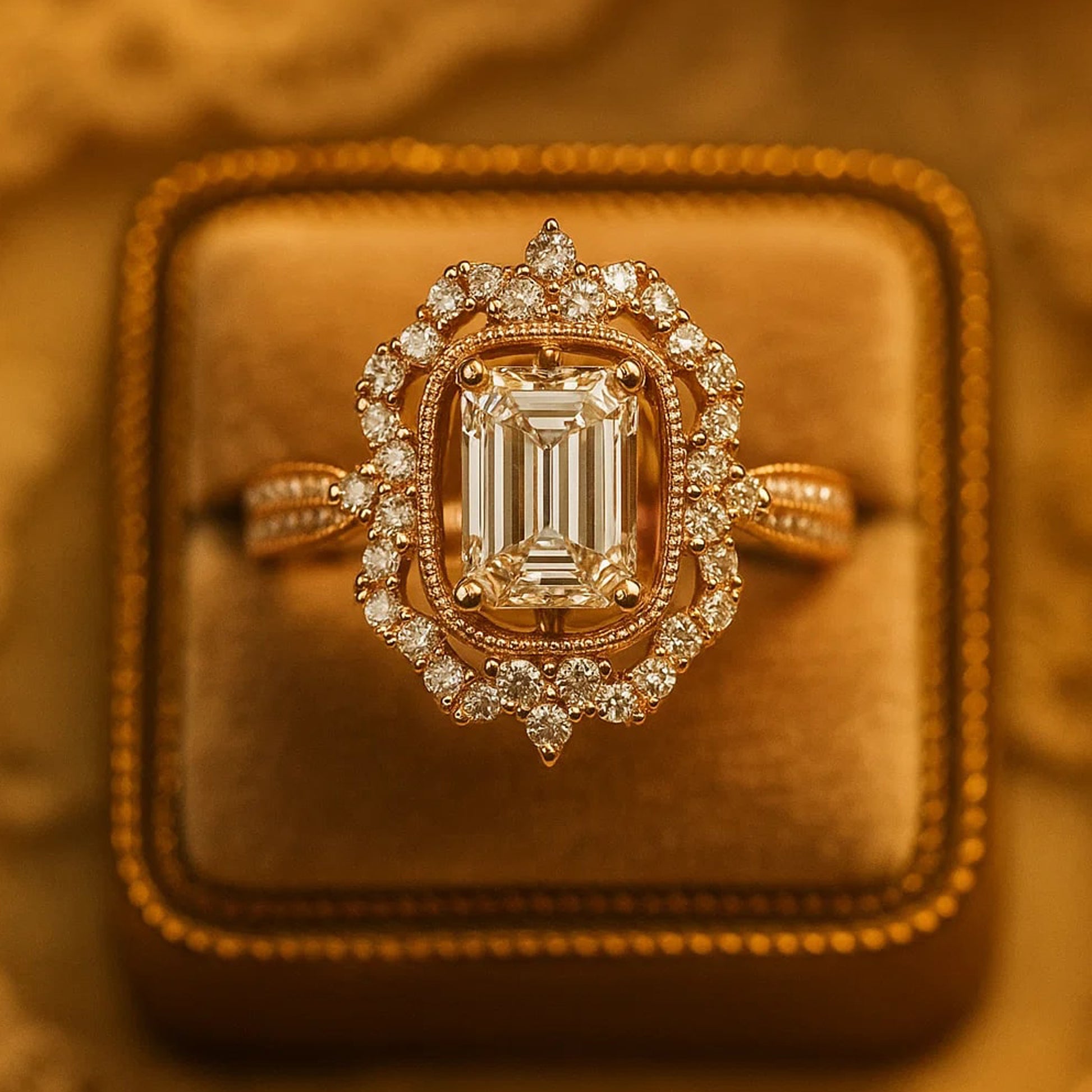 Emerald Cut Double Halo Diamond Ring In 14K Rose Gold Featuring Radiant Center Stone And Sparkle