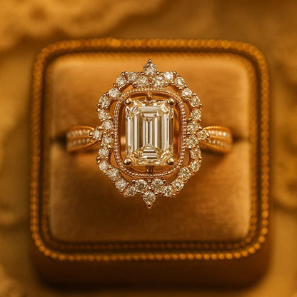 Emerald Cut Double Halo Diamond Ring In 14K Rose Gold Featuring Radiant Center Stone And Sparkle