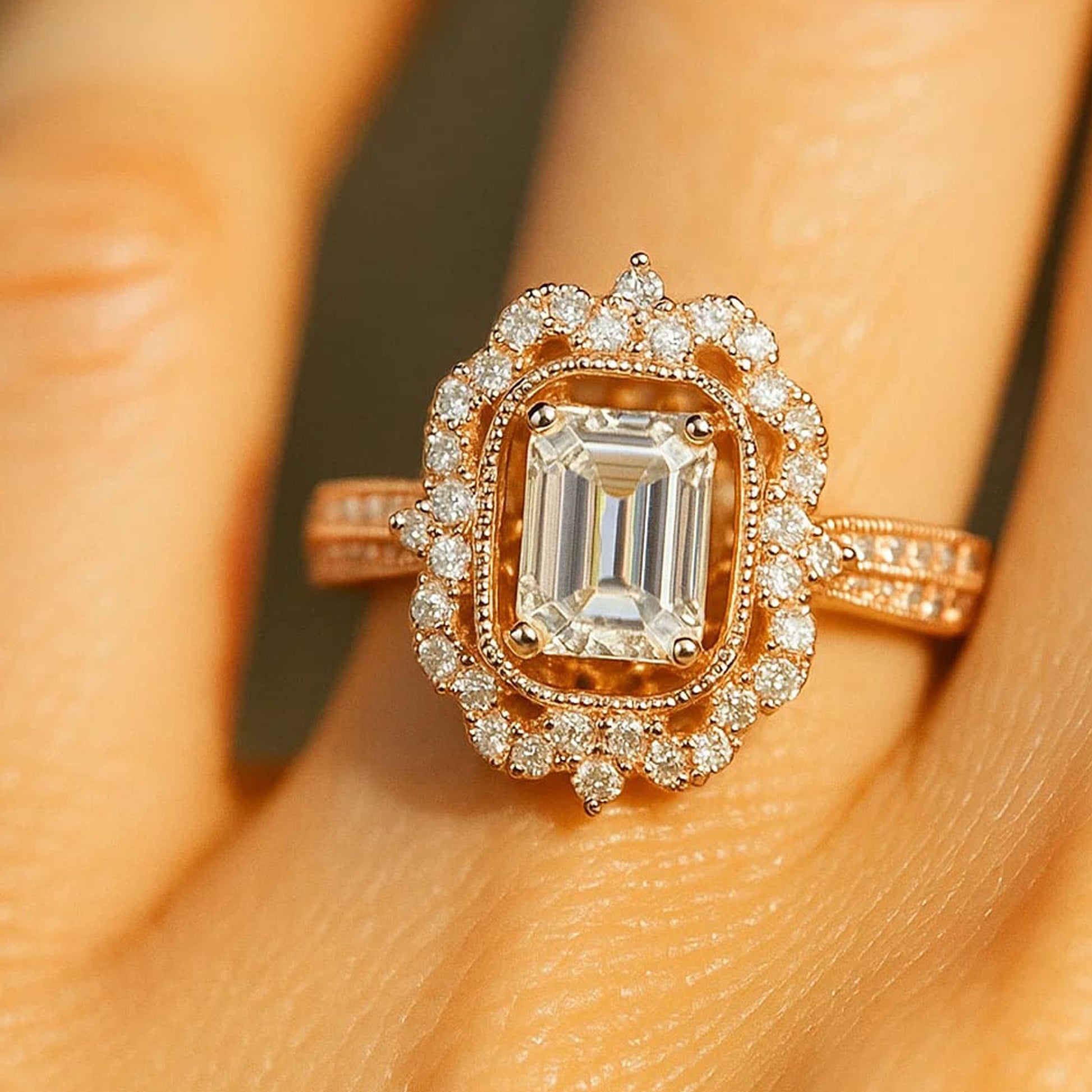 Classic Emerald Cut Double Halo Diamond Engagement Ring In 14K Rose Gold With Fine Detailing.
