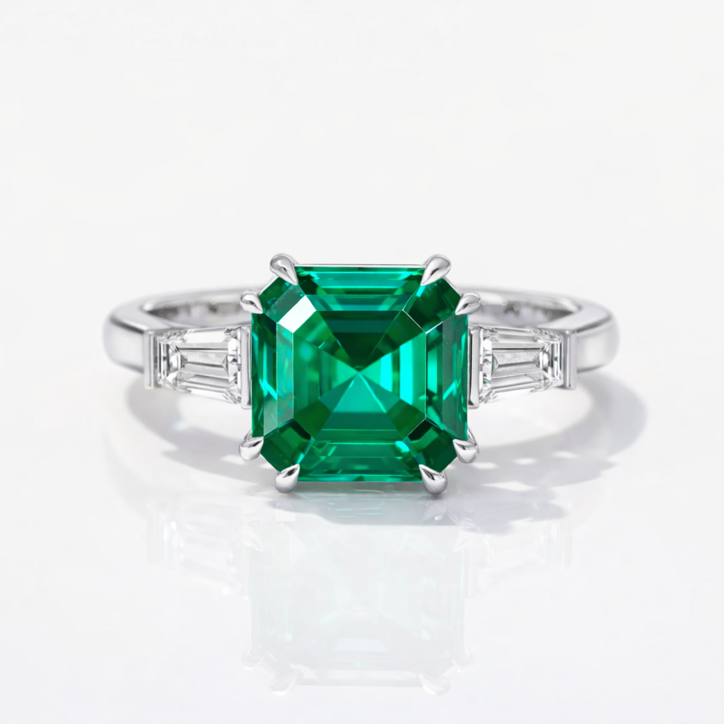 Asscher Cut Emerald Ring With Side Stones

