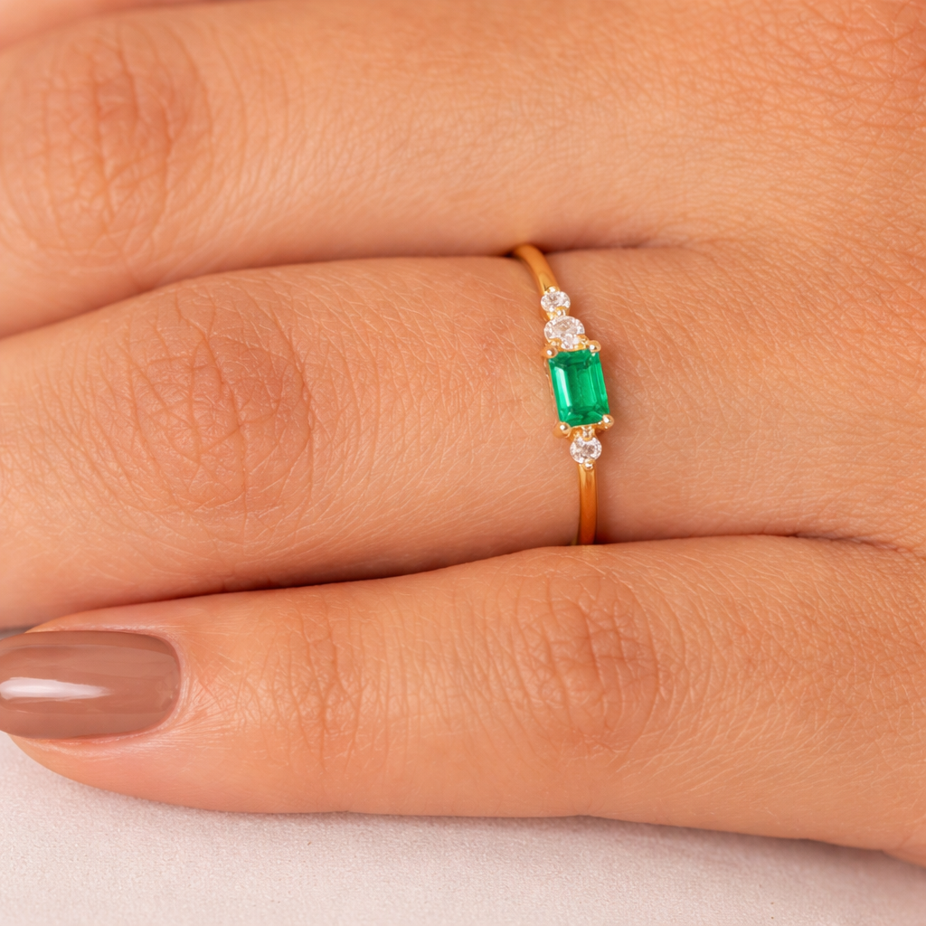 Emerald Diamond Ring With Side Stones
