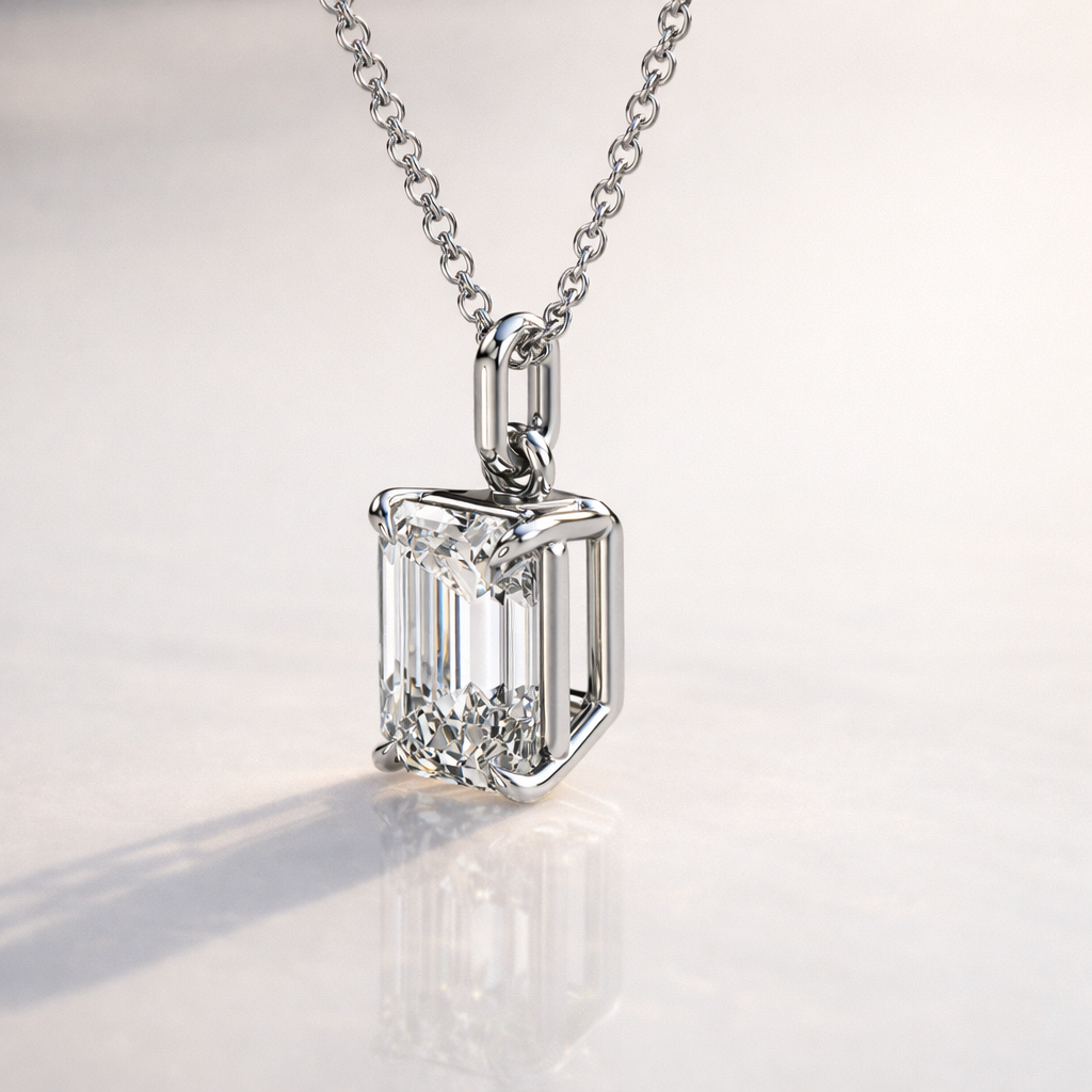 Emerald Cut Moissanite Solitaire Pendant With 4 Claw Prongs
