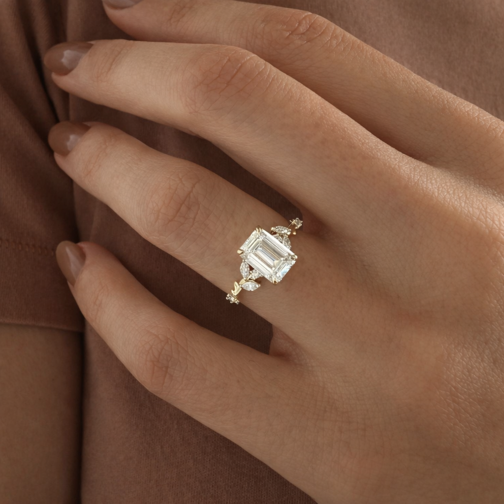 Emerald Cut Diamond Ring Marquise And Round Cut Side Stone Ring.
