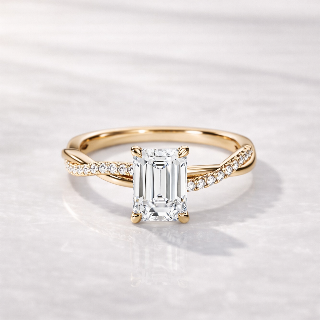 Twist Band Engagement Ring With Emerald Cut Diamond Or Moissanite
