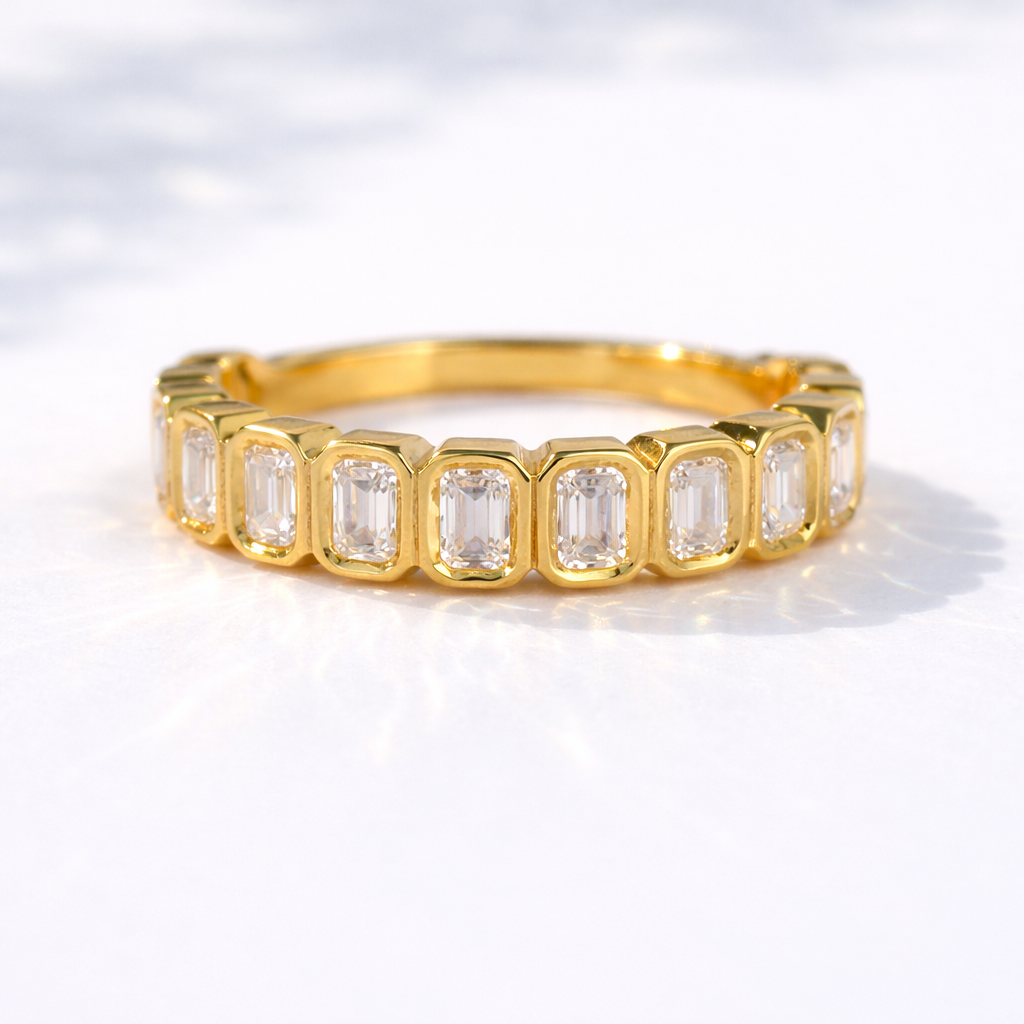 Emerald Cut Diamond Wedding Band Bezel Set Wedding Band Yellow Gold.
