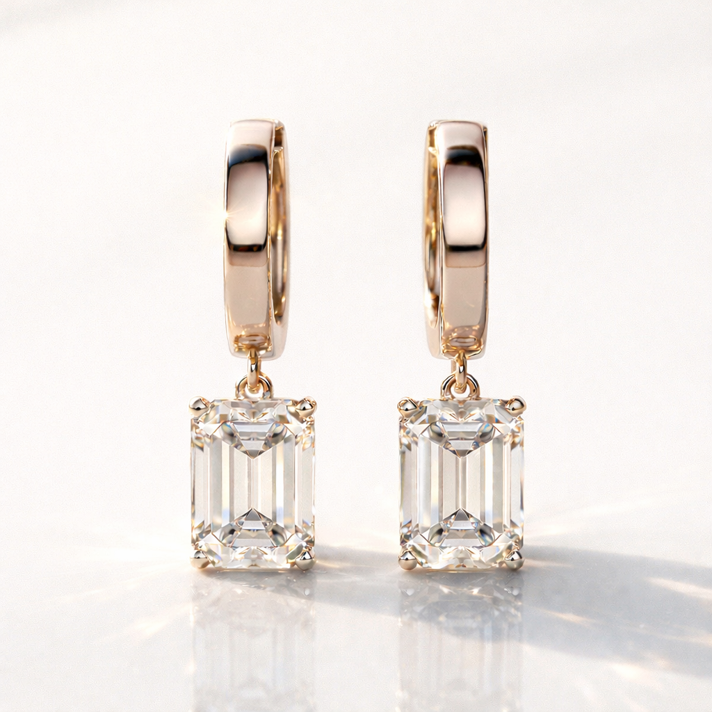 Yellow Gold Emerald Cut Drop Earrings With Diamond Accent
