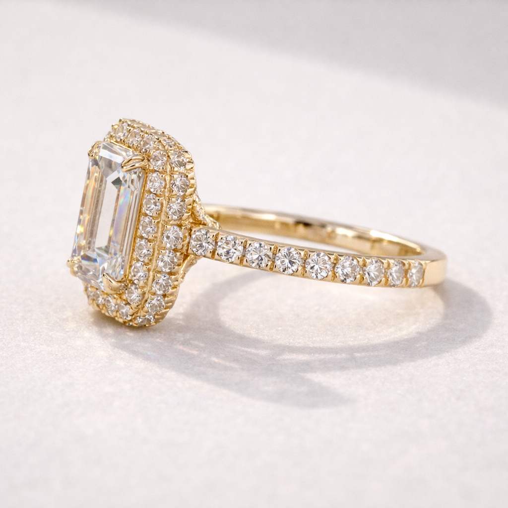 Emerald Cut Ring With Hidden Halo Engagement Ring And Pave Band Design
