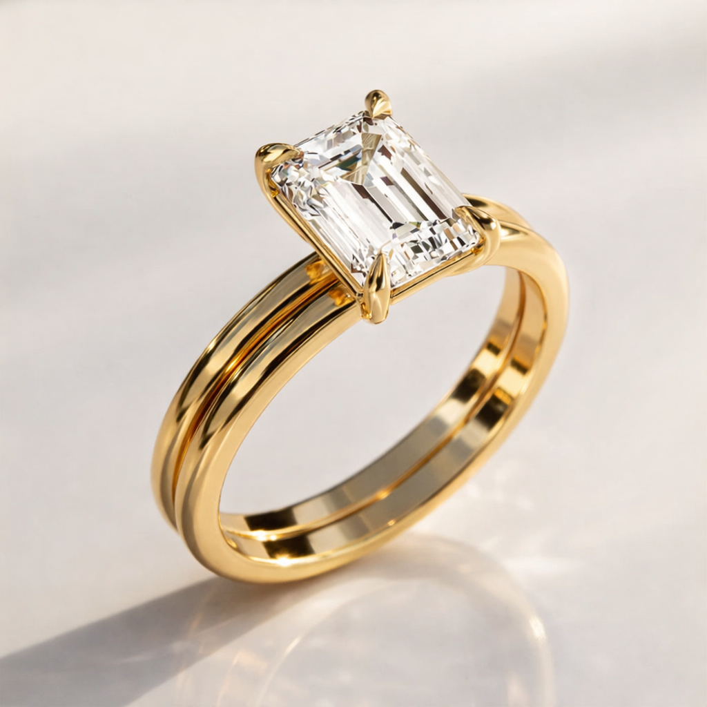 Yellow gold emerald cut engagement ring wedding band set
