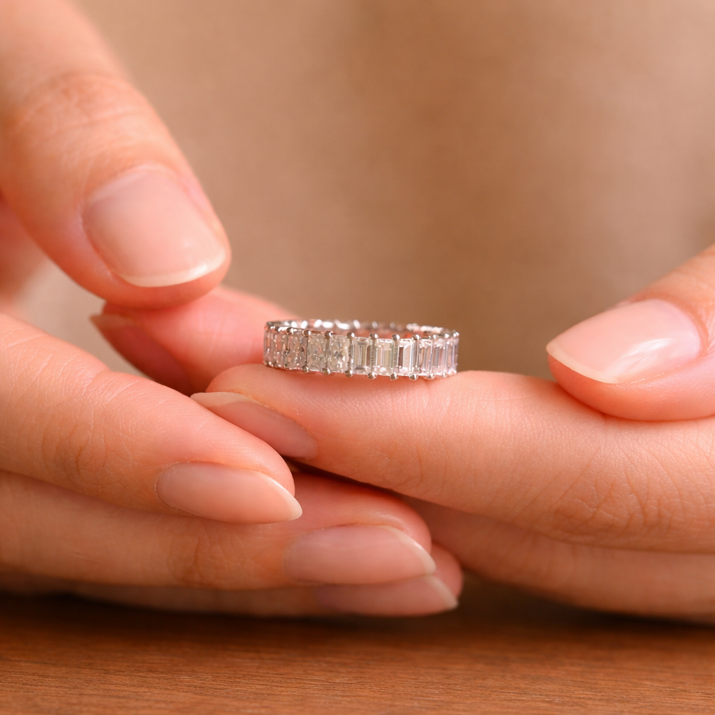White Gold Emerald And Radiant Cut Eternity Wedding Band Design

