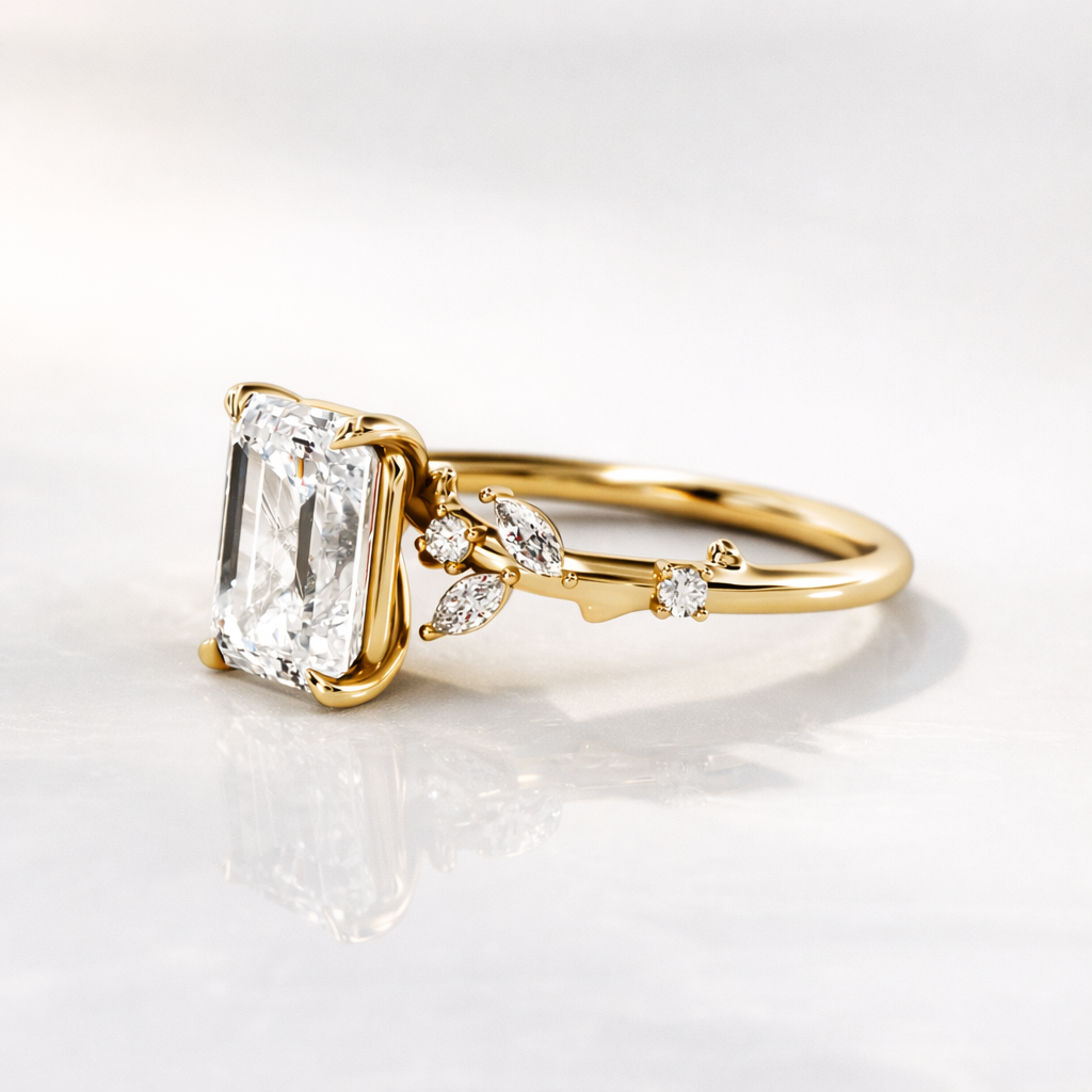 Nature Inspired Engagement Ring Emerald Cut Ring Four Claw Prong.
