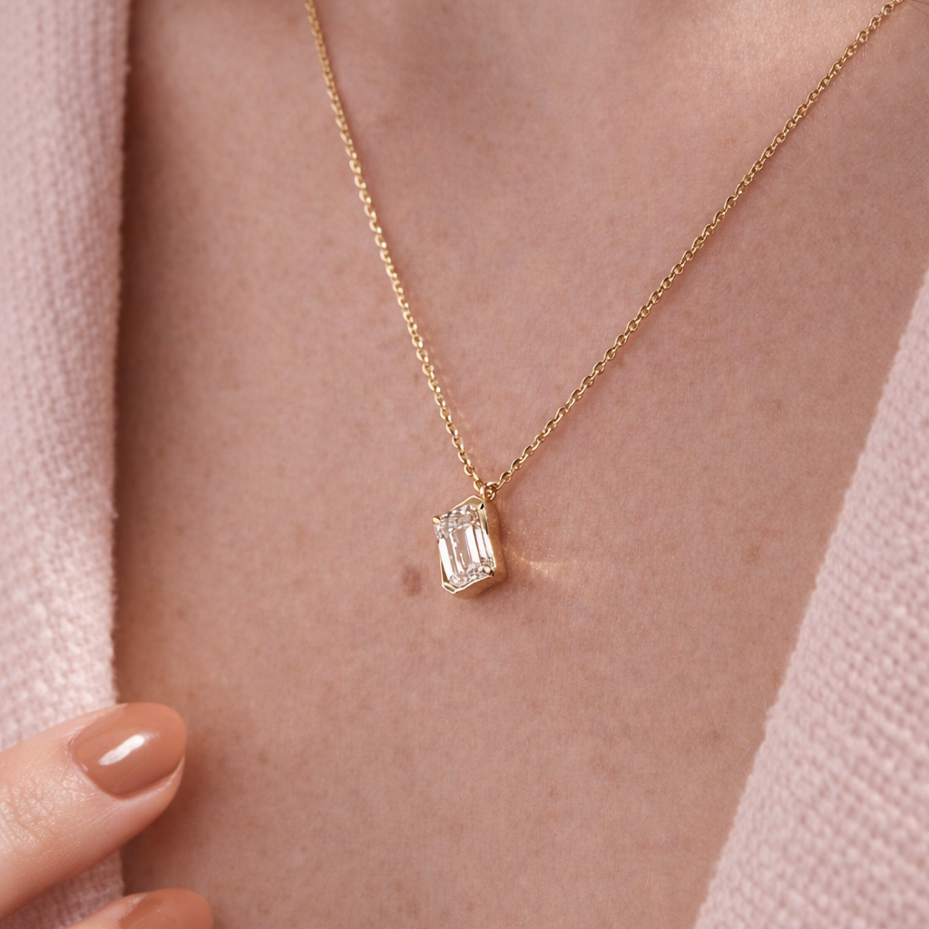 Emerald Cut Pendants Half Bezel Setting Lab Grown Diamond Pendant
