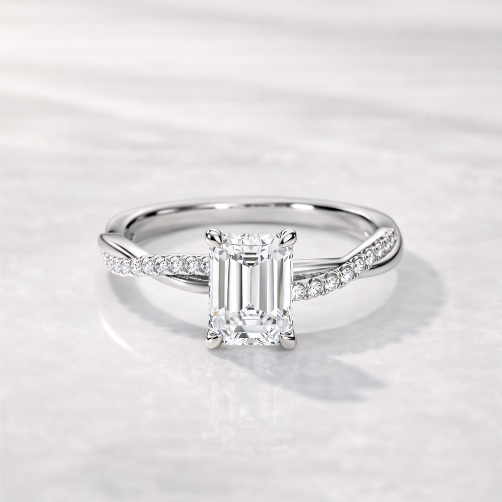 Emerald Cut Diamond Ring With Round Cut Pave Band
