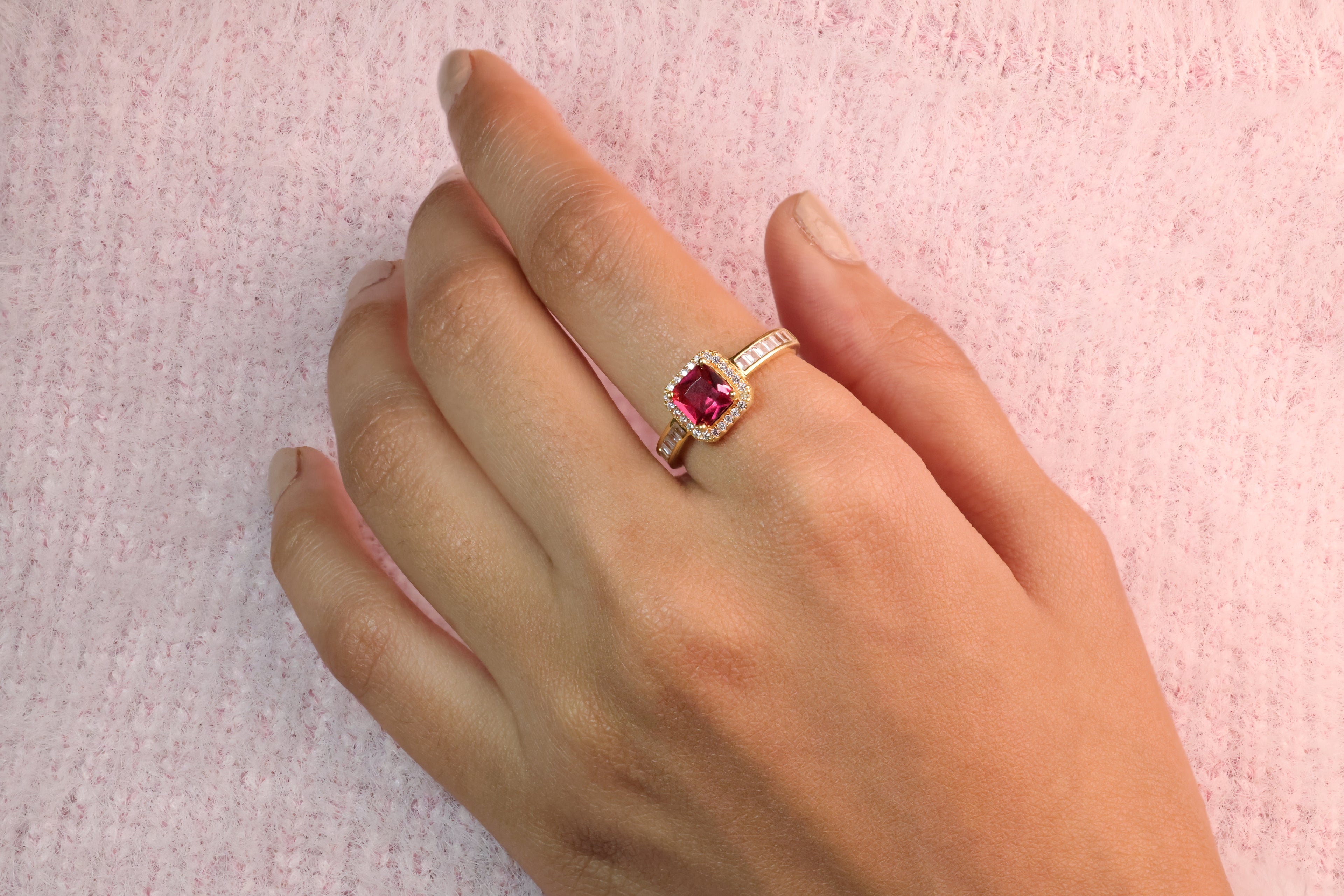 Cushion Cut Ruby Engagement Ring Emerald Cut Side Stone Yellow Gold Ring.
