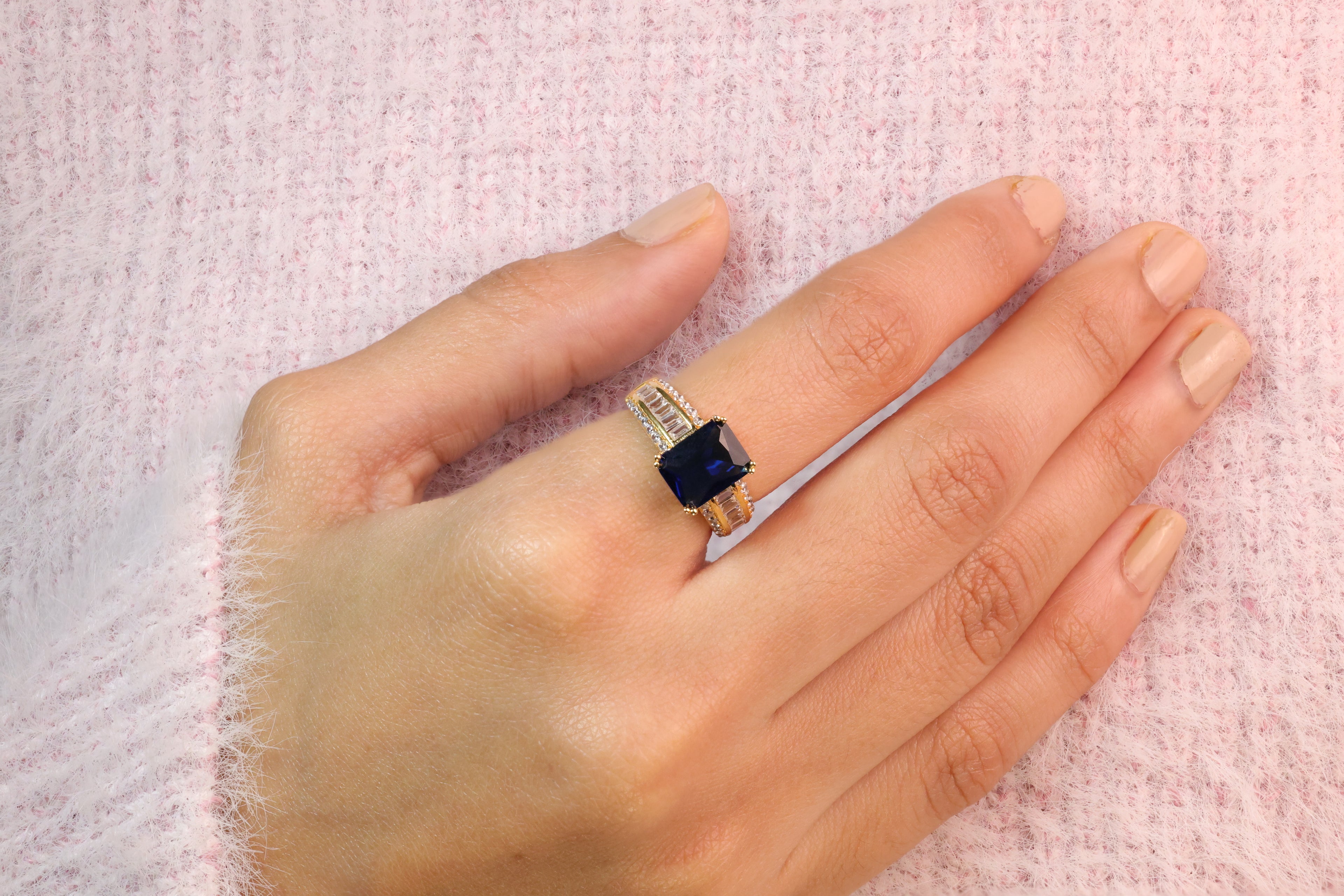 Yellow Gold Engagement Ring Round Cut And Emerald Cut Side Stone Diiro.
