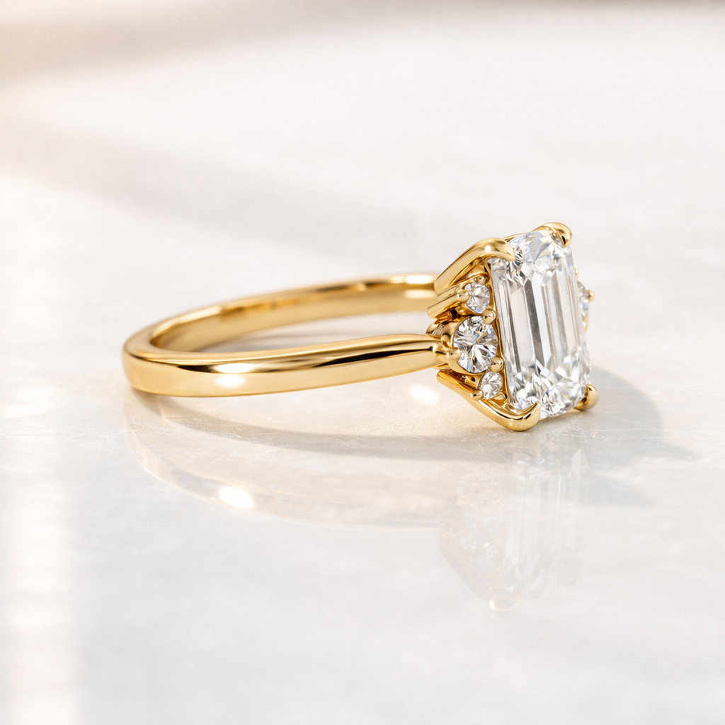 2 Carat Emerald Cut Diamond Ring With Round Side Stone Design

