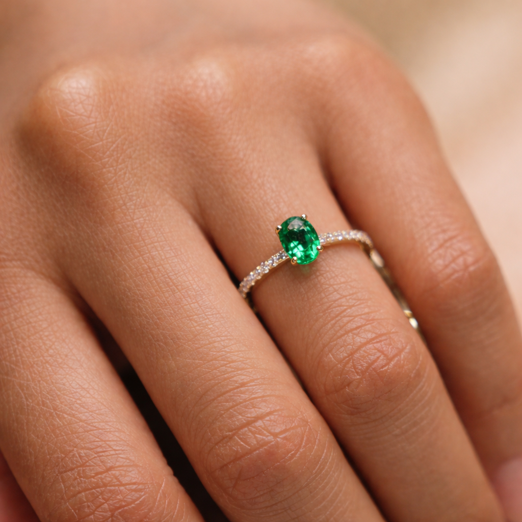 May Birthstone Oval Emerald Ring
