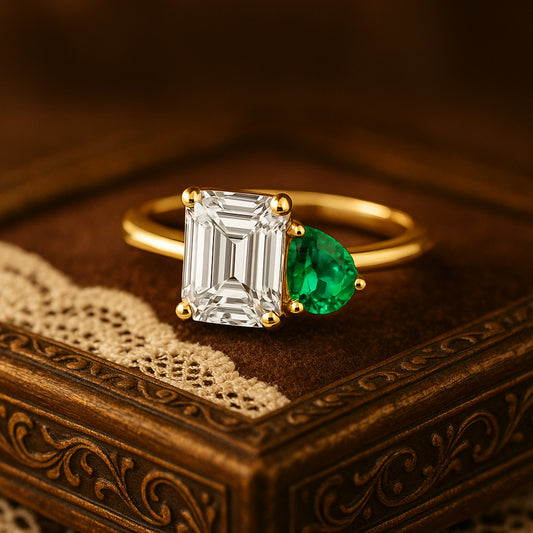 Emerald And Diamond Gold Ring In 14K Yellow Gold