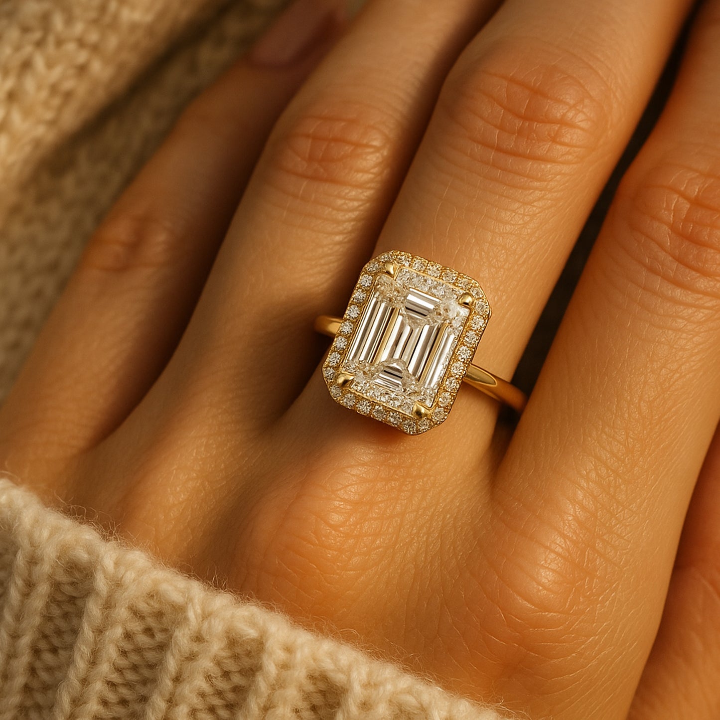 Emerald Cut Diamond Halo Engagement Ring Modern Solitaire with Pave Halo